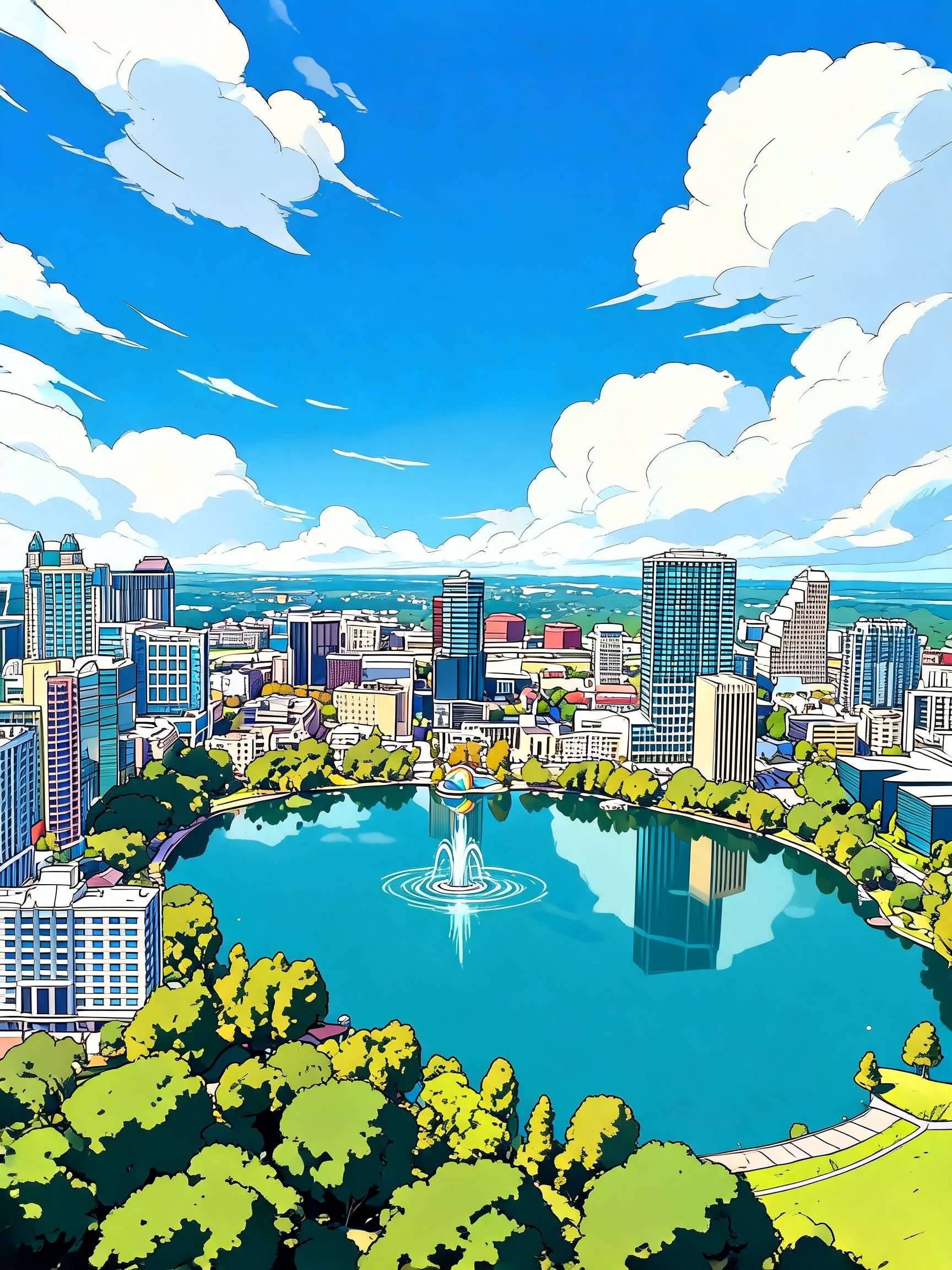 Central Florida anime-style skyline illustration