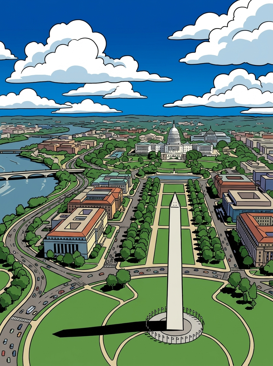 Washington D.C. anime-style skyline illustration with the Capitol and Washington Monument