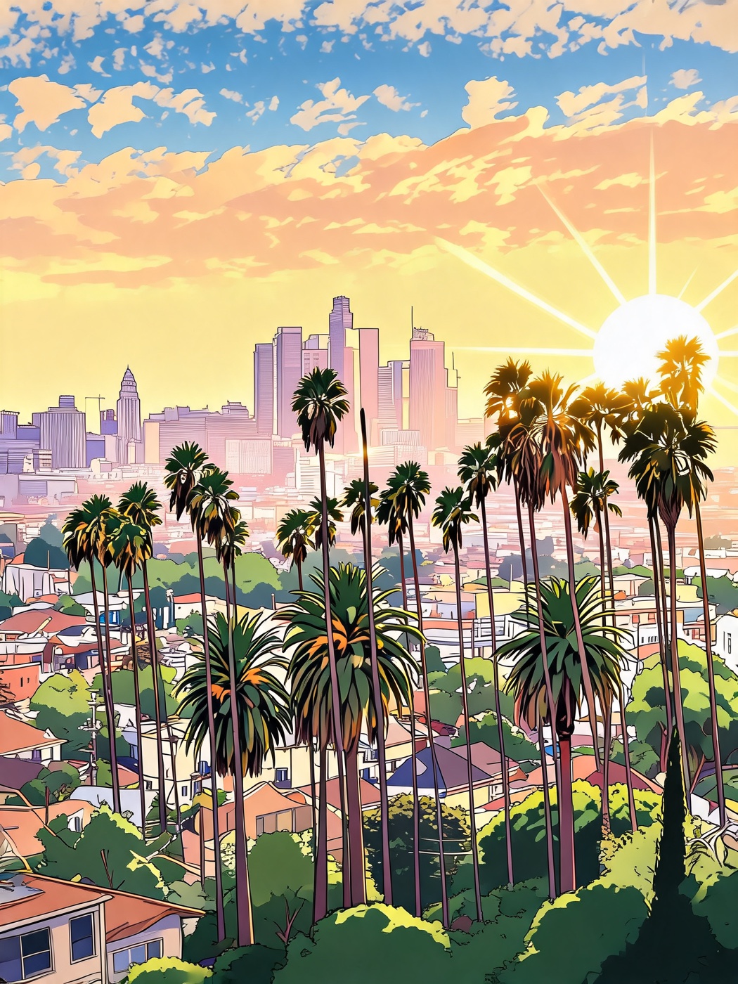 Los Angeles anime-style skyline illustration with palm trees at sunset
