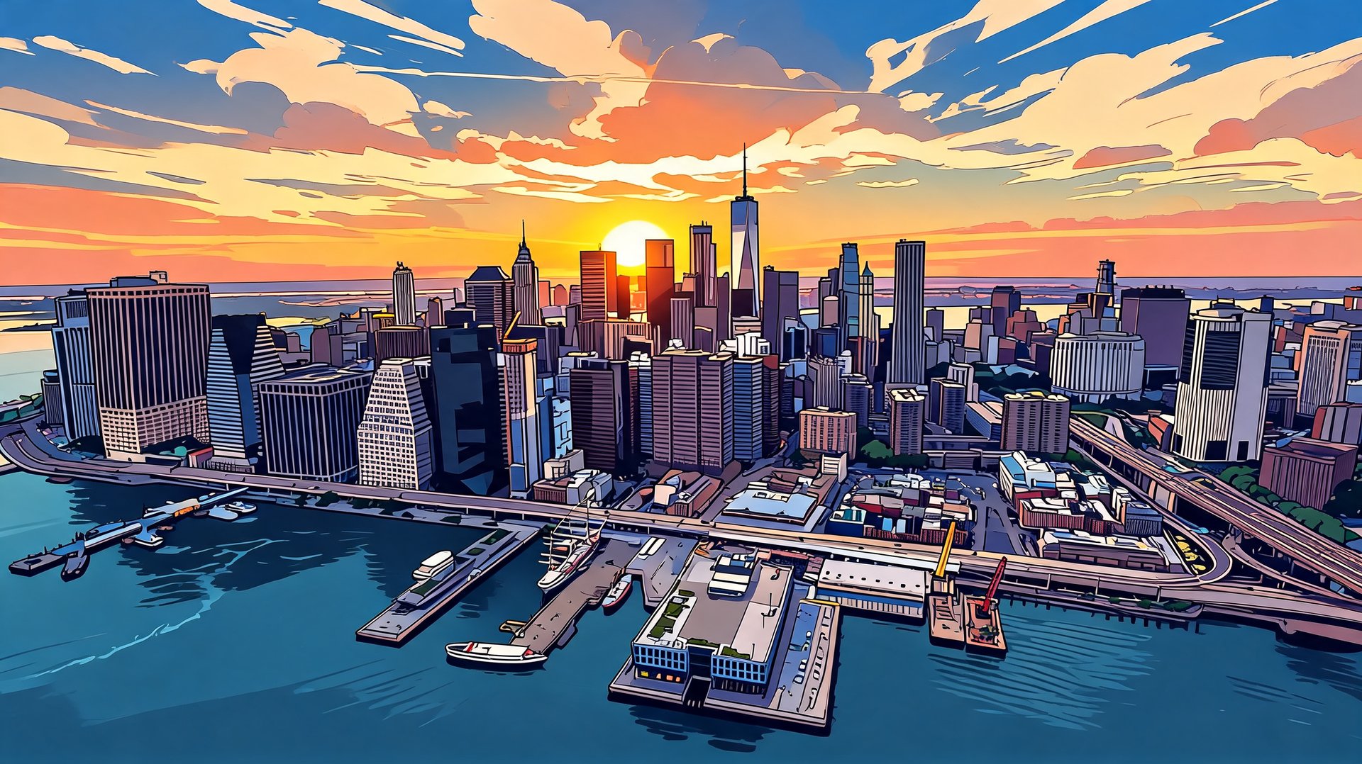 New York City anime skyline at sunset